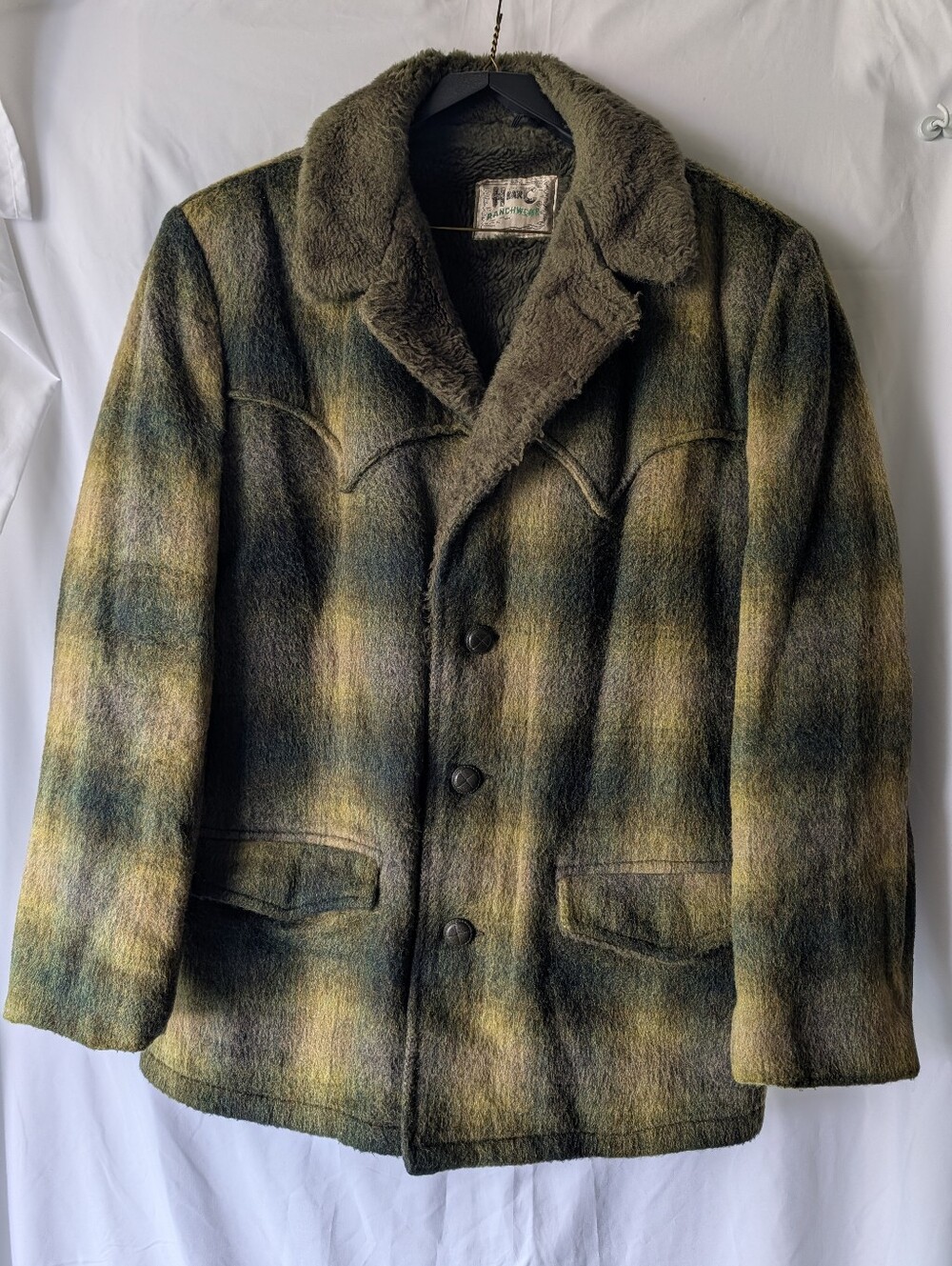 H Bar C Ranchwear Men’s Wool Coat 42 L Western Jacket Shadow Plaid Green Vintage